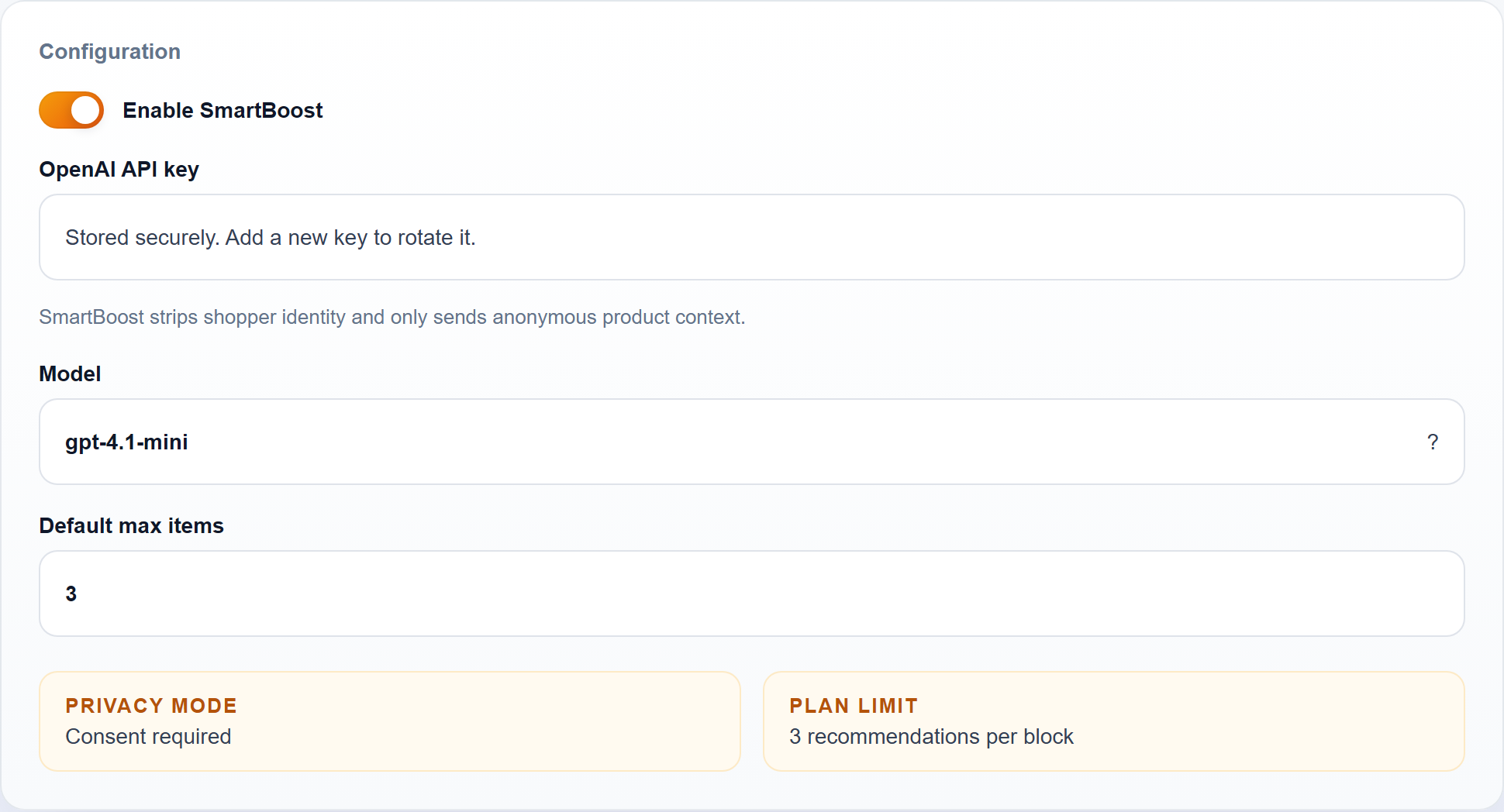 SmartBoost provider and settings configuration page.