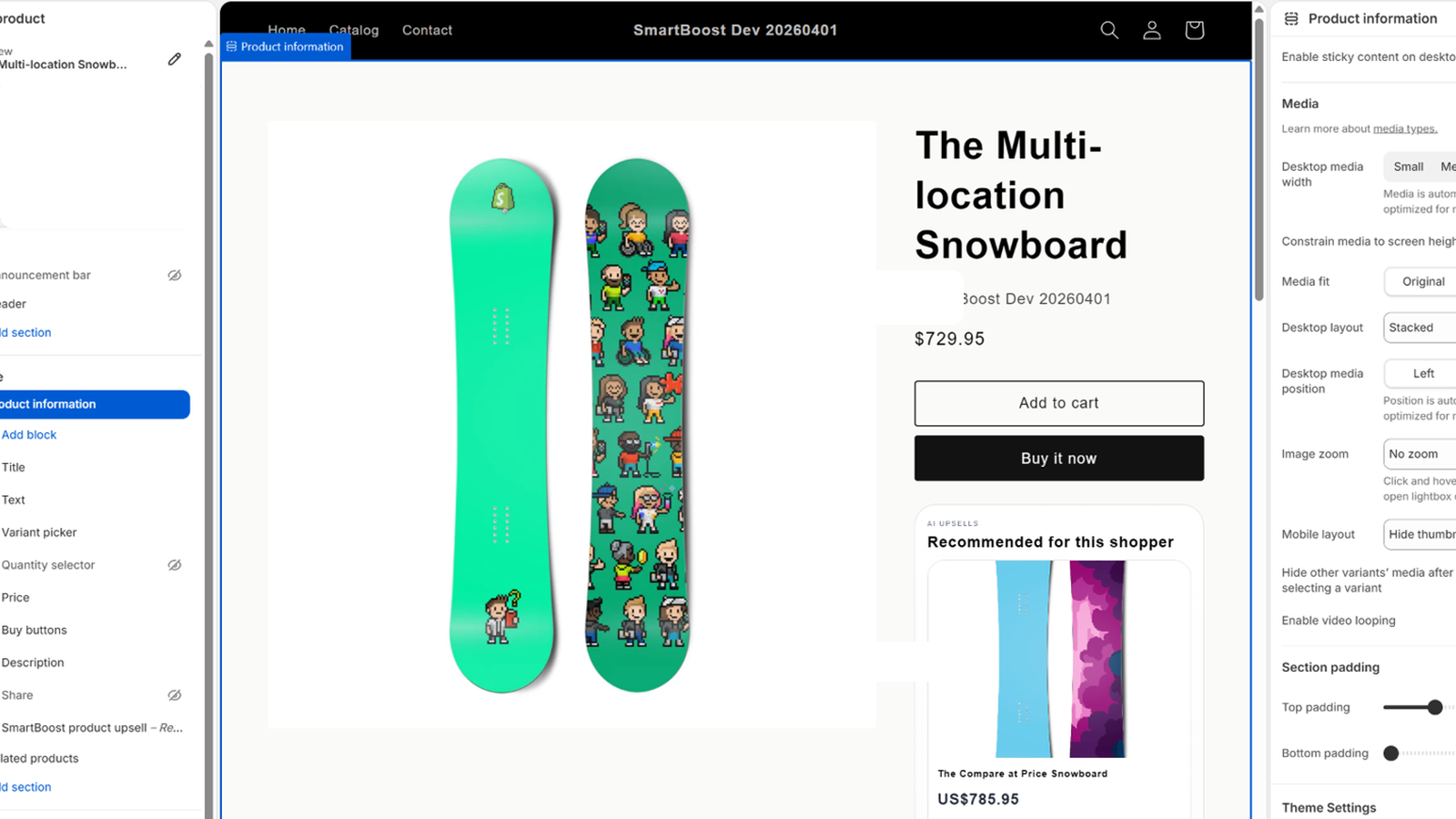 SmartBoost block enabled in the Shopify theme editor.